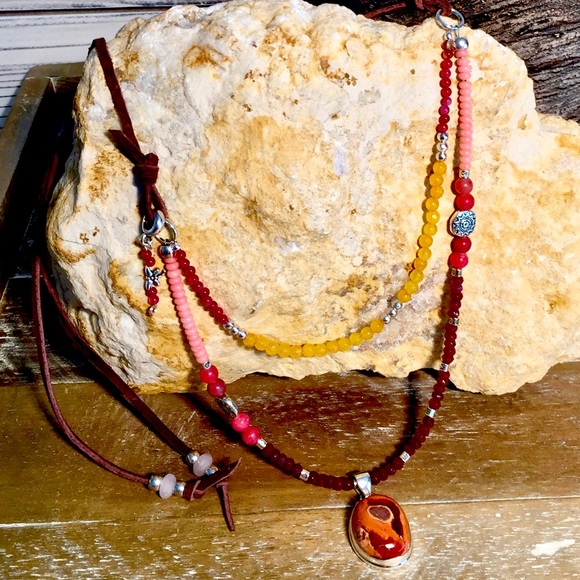 Shades of Pink Gemstone Beaded Leather Necklace - Picture 3 of 8